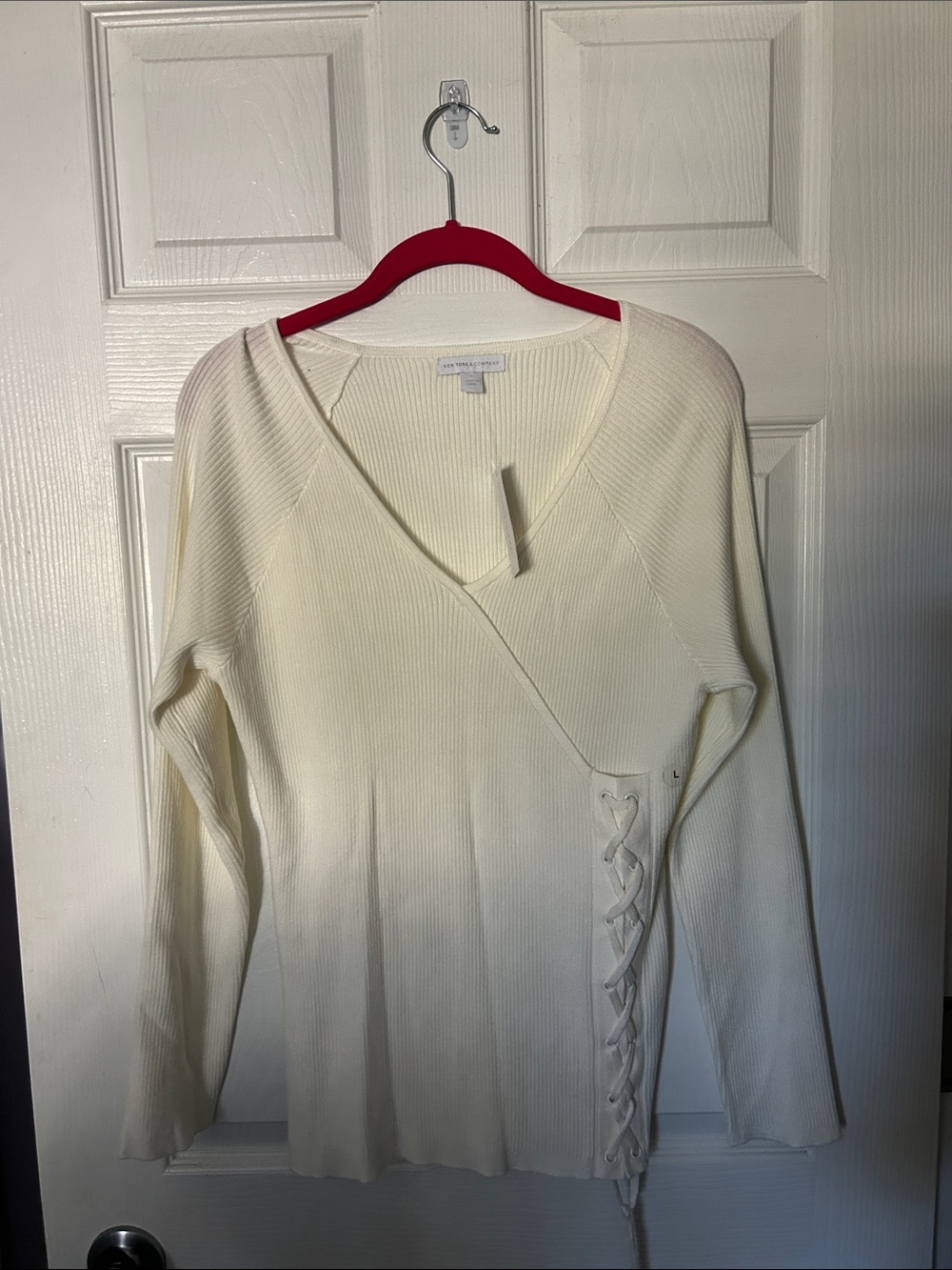 New York & Company Cream V-Neck Side Lace-Up Sweater